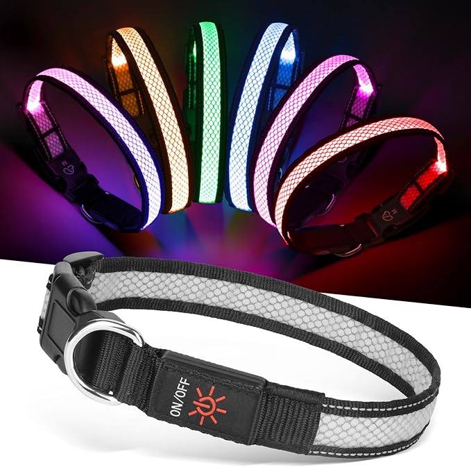 Weesiber Light Up Dog Collar, USB Rechargeable LED Dog Collar Glow in The Dark, Adjustable Reflective Waterproof Dog Collar Light for Night Walking (RGB, M)