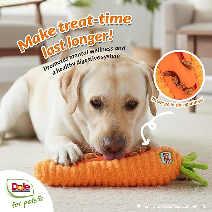 Dole for Pets® Dog Puzzle Toy with Squeaker, Carrot Snuffle Dog Treat Toy for Small and Medium Dogs, Dog Enrichment Toys