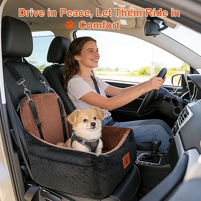 Dog Car Seat for Small/Medium-Sized Under 30 Pounds, Pet Car Seat Travel Bed with 2 Seat Belts and Headrest Seat Belts, Detachable Washable Covers and Side Storage Bags(Black)
