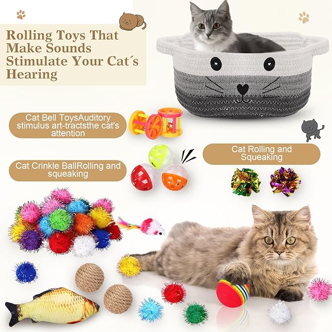 Zopeal 58 Pcs Cat Storage Basket Gift Toys Set, Colorful Flashing Balls Pet Bell Crinkle Balls Spring Toys Attract Cat to Swat, Hunt, Interactive for Pet(Multicolor,9.8 Inch)