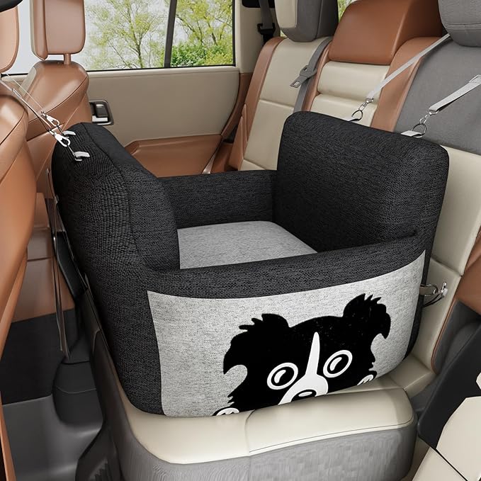 Dog Car Seat for Small Dogs,Waterproof Dog Booster Car Seat with Storage Pockets,Pet Carseat Puppy Travel Carrier Bed,Thickened Memory Foam Filling, Black & Grey