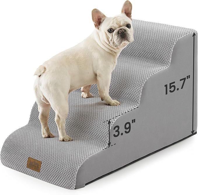 Dog Stairs for Small Dogs 15.7" H, 4-Step Sturdy Foam Dog Steps for Couch or Sofa, Curved Pet Stairs for Puppy and Older Cat, Doggie Ladder with Washable Cover, 15.7x28.3x15.7 inch, Gray