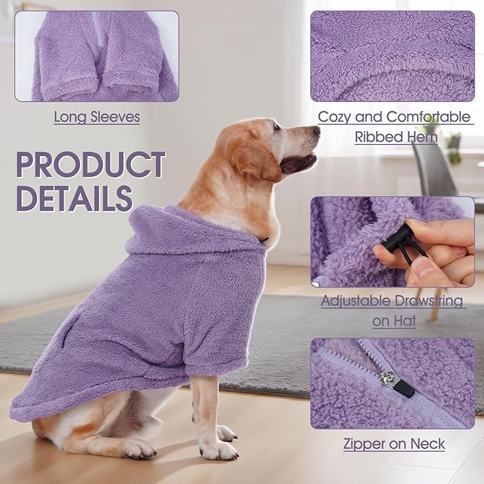 IDOMIK Fuzzy Dog Sweater with Adjustable Hood, Warm Fleece Dog Sweater Hoodie with Harness Hole & Pocket, Pullover Sweaters for Large Dogs, Fuzzy Hooded Sweatshirt for Fall Winter Christmas,Purple,2XL