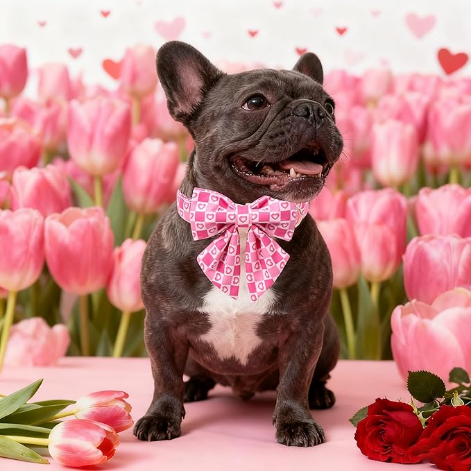 Maca Bates Valentine's Day Dog Collar with Sailor Bow for Extra Large Girl Boy Dogs,Checkered Pink Love Hearts Pattern,Adjustable Durable Soft Plaid Valentine Gift for Female Male Puppy