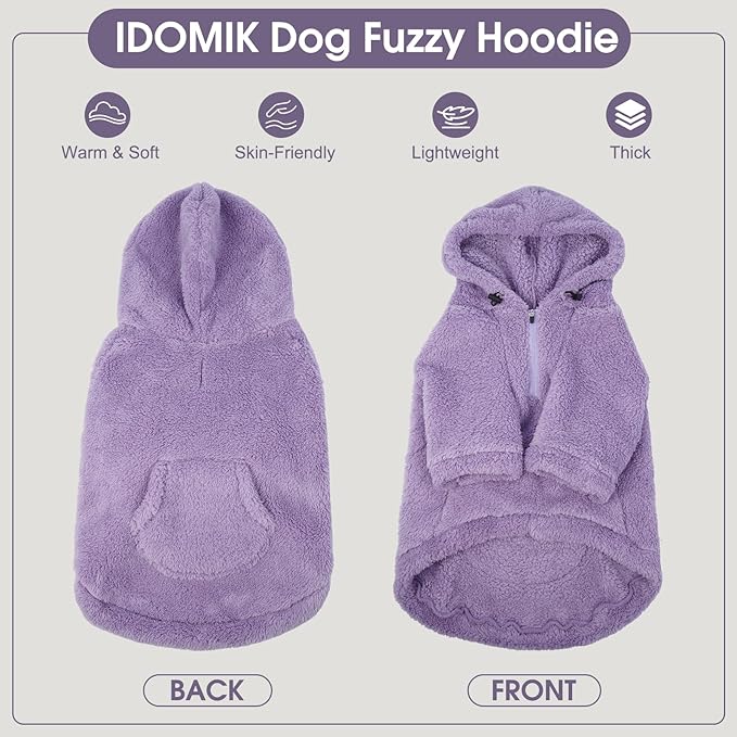 IDOMIK Fuzzy Dog Sweater with Adjustable Hood, Warm Fleece Dog Sweater Hoodie with Harness Hole & Pocket, Pullover Sweaters for Large Dogs, Fuzzy Hooded Sweatshirt for Fall Winter Christmas,Purple,XL