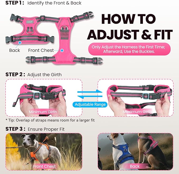 VIVAGLORY Dog Harness Easewalk No Pull Dog Harness with Handle Front Clip & Back Clip for Training Walking Lifting, No Pull Adjustable Easy On Padded Comfortable for Pet, M, Black - Patterned