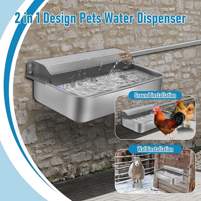 Automatic Dog Water Dispenser, 1.6 Gallon Large Capacity Stainless Steel Dog Water Bowl, Wall Mounted Auto Fill Waterer Feeder for Indoor Outdoor