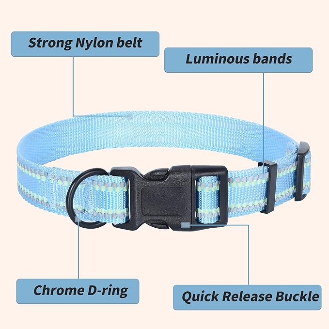 Mile High Life Reflective Dog Collar, Basic Dog Collars Adjustable Quick Release, Soft Nylon Pet Collar with Metal D-Ring for Small Medium Large Dogs (Blue, L Neck15-19")