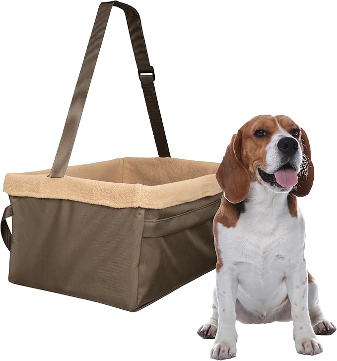 PetSafe Happy Ride Booster Seat for Dogs - Open Road Comfort - Safe Tether System - Zipper Pouch Dog Seat - Machine Washable Fleece Liner - Easy Install Design - Brown - Up to 12 lb