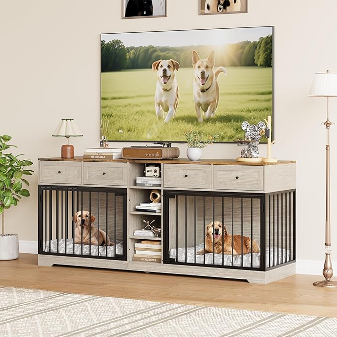 IDEALHOUSE 82" Large Dog Crate for 2 Dogs, Dog Kennel Indoor with 4 Drawers and Shelves, Double Dog Crate Furniture TV Stand, Wooden Dog Cage for Medium Large Dogs, Washed White