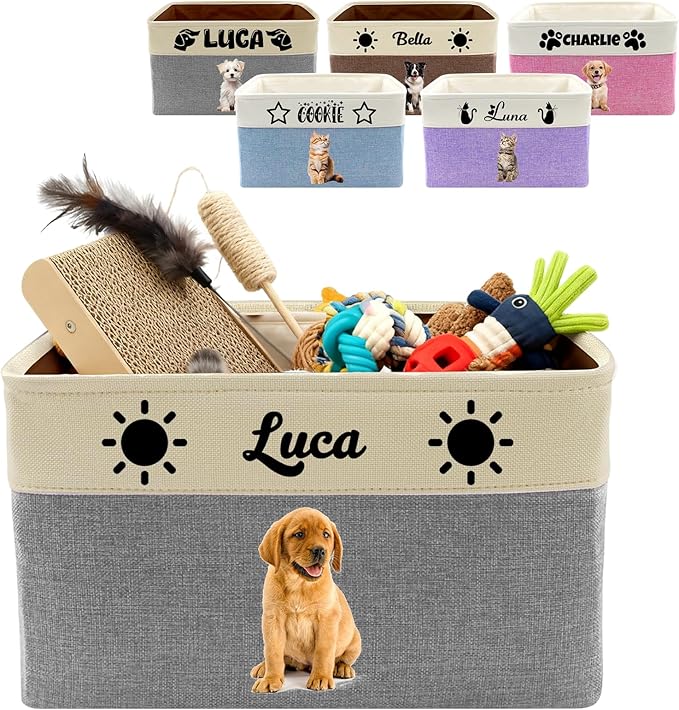 Customized Pet Toy Storage Basket - Personalized Dog & Cat Toy Organizer with Name, Foldable & Durable Fabric Bin for Pet Supplies, Organizer for Toys, Coats, Clothing, Blankets Grey