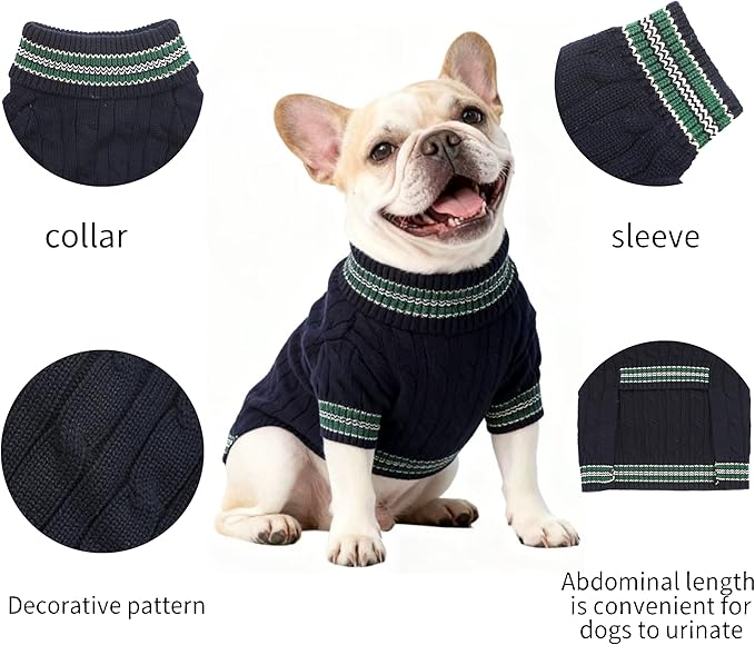 Small/Medium Dog Sweater, Warm Dog Winter Coat w/Sleeves, Comfortable High Neck & Leash Hole, Premium Dog Clothes for Bulldog-Best for Holidays, Daily Walks L Blue