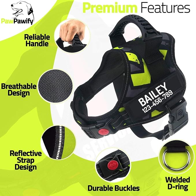 Personalized No Pull Dog Harness with Custom Name and Phone Number by PawPawify, Heavy Duty Pet Vest to Prevent Tugging, Pulling, or Choking, Training and Walking Green Doodle