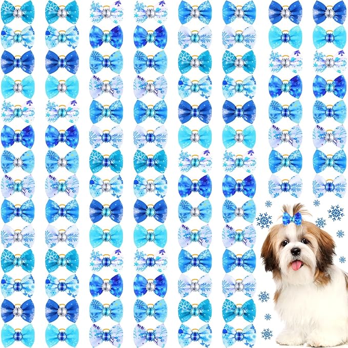 Tondiamo 100 Pack Winter Snowflake Dog Hair Bows with Rubber Bands White Blue Rhinestone Puppy Bows Winter Pet Dog Hair Grooming Accessories for Small Girl Dogs (Snowflake Pattern)