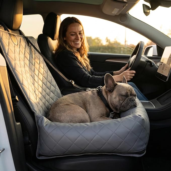 Dog Car Seat for Small & Medium Dogs – Waterproof Microfiber Leather Pet Car Seat with Washable Pee Pad, Scratch & Fur Resistant, Foldable Dog Bed for Home & Travel, Non-Slip Design, Matte Gray