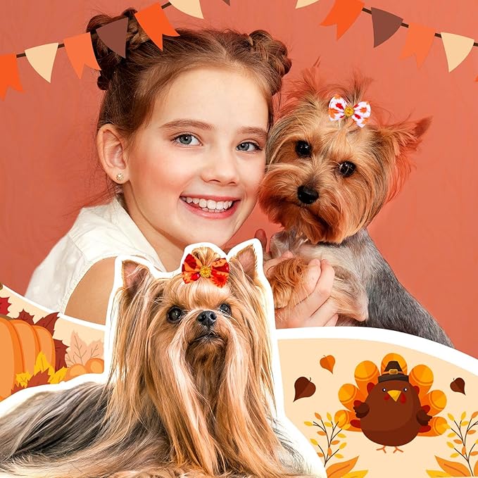 Tondiamo 100 Pack Thanksgiving Dog Hair Bows with Rubber Bands Puppy Rhinestone Grooming Pumpkin Turkey Pattern Accessories for Small Girl