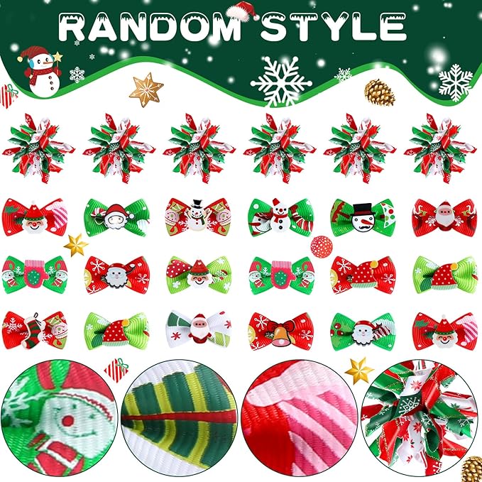 Weewooday 70 Pcs Dogs Hair Holiday Dog Bows Bowtie with Rubber Band Pet Hair Accessories Puppy Bowknot Topknot Pet Grooming Bow for Holiday Christmas Small Puppy Decor(Classic Style)