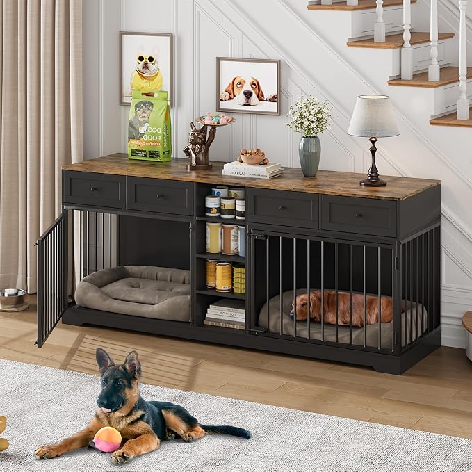 IDEALHOUSE 82" Large Dog Crate for 2 Dogs, Dog Kennel Indoor with 4 Drawers and Shelves, Double Dog Crate Furniture TV Stand, Wooden Dog Cage for Medium Large Dogs, Black
