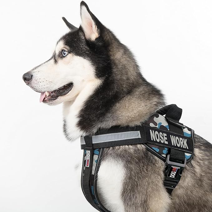 Dogline Unimax Dog Harness Vest with Nose Work Patches Adjustable Straps Breathable Neoprene for Identification Training Dogs Girth 22 to 30 in Blue Camo
