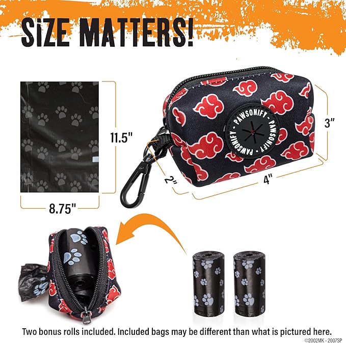 Akatsuki Dog Poop Bag Holder for Leash + 2 Bag Rolls: Officially Licensed Naruto Akatsuki Cloak Inspired Black & Red Clip on Dog Bag Holder Leash Attachment Dog Poop Bag Dispenser & Doggie Waste Bags
