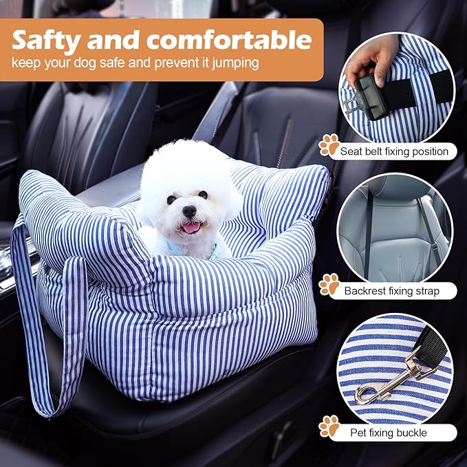 Medium Dog Car Seat Up to 28lbs - Pet Travel Bed Booster with Storage, Safety Tether, Anti-Slip Bottom for Cars(Blue)