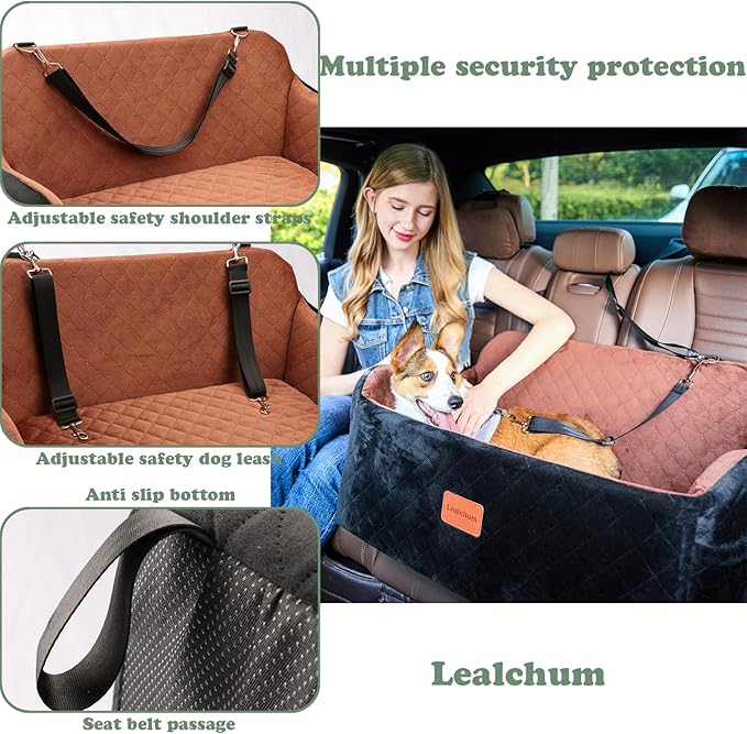 Large Dog Car Seat,Memory Foam Cushion Car Seat for 2 Small Dogs,Comfy Car Dog Bed with Side Pocket and 2 Clip-On Safety Leashes,Easy to Install Cars Seat for Dogs(Black, Large)