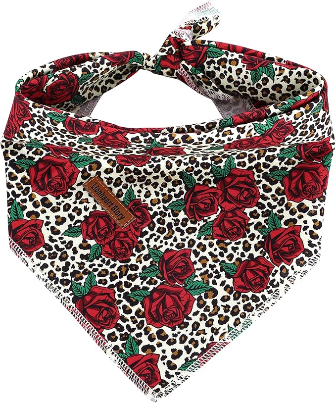 Lionheart glory Dog Bandana 1 Pack Washable Soft Cotton Rose Leopard Bibs Scarf, Adjustable Kerchief Square Dog Bandanas for Small Dogs