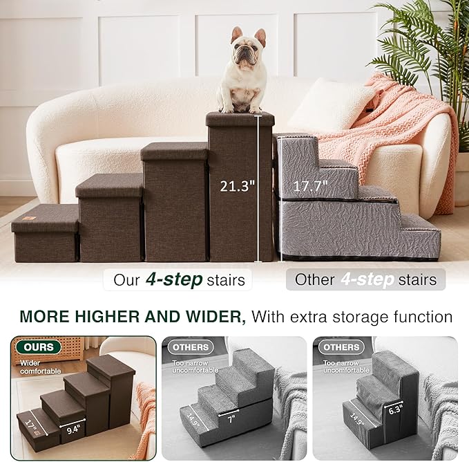 Love's cabin Dog Stairs for Small Medium or Large Dogs with Storage and Adjustable Steps,Foldable Dog Steps for Bed or Couch,4-Step Coffee Folding Cat Pet Ramp with Zip up to 200 lbs,Coffee