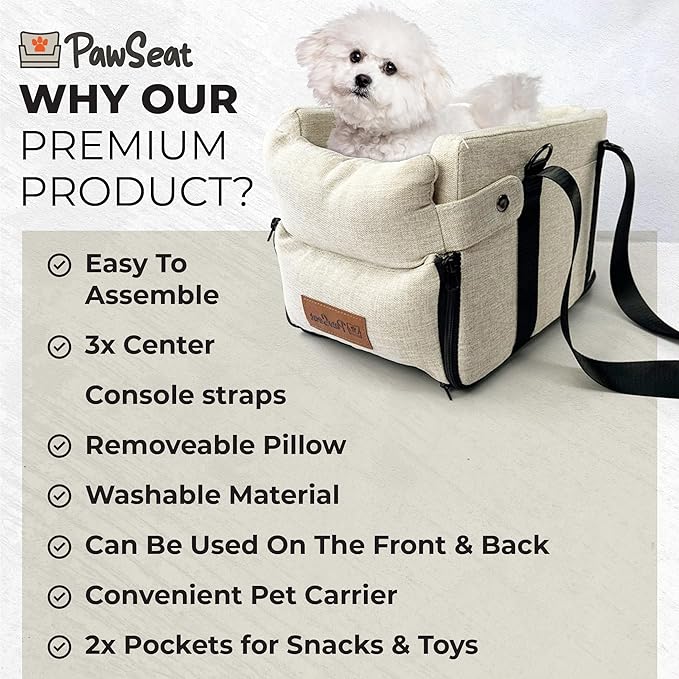 Center Console Dog Car Seat for Small Dogs and Puppies 5-13Lbs, Ideal Armrest Booster Car Travel Seat with Safety Protection Seat Belts, Storage Pockets - Reduces Anxiety