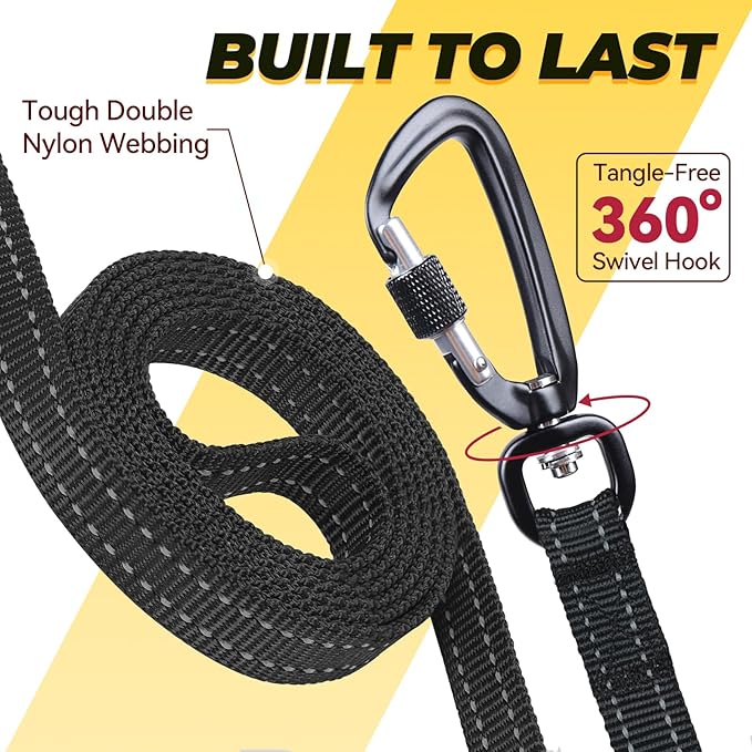 VIVAGLORY Dog Leash Lighthook Double Handle Dog Leash with Traffic Handle & Locking Carabiner for Walking & Training, Traffic Control Lightweight Carabiner for Puppy Pet, 6ft x 1/2in, Black