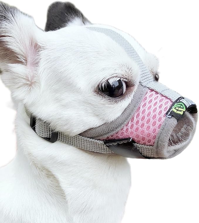 Extra Small Dog Muzzle XS for Grooming Barking Chewing, Barkless Soft Mesh Muzzles to Prevent Eating Poop Things,Best for Aggressive Dogs (Grey-Pink)