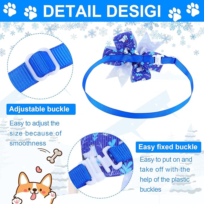 Maitys 80 Pcs Winter Snowflake Dog Bow Tie Adjustable Winter Dog Collar with Bow Ties 20 Styles Snow Snowman Snowflake Elk Pet Grooming Accessories Attachment Pet Supplies for Xmas Holiday Decor