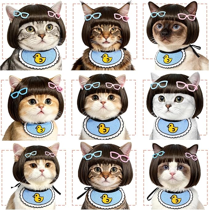 Funny Cat Bangs Bob Wig - with Ear Holes, Adjustable Elastic Band & Trimmable, Built-in Knitted Bandana & Bow Clip, Cat Cosplay Costume for Halloween Christmas Parties Festivals (Black)