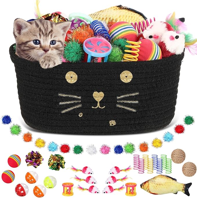 Zopeal 58 Pcs Cat Storage Basket Gift Toys Set, Colorful Flashing Balls Pet Bell Crinkle Balls Spring Toys Attract Cat to Swat, Hunt, Interactive for Pet(Black,9.8 Inch)