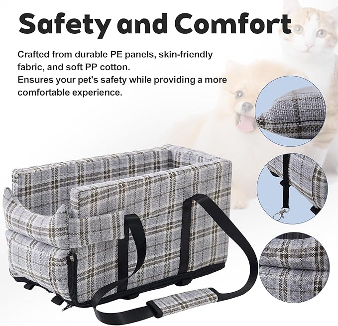 Dog Car Seat for Small Dogs - Portable Center Console Booster Seat with Anti-Collapse Design & Safety Tethers, Pet Travel Carseat Up to 15 lbs -Grey