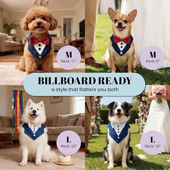 AVERYDAY Dog Tuxedo Wedding Outfit Bandana Collar with Bow Tie, Dog Tux Costume Suit with Bowtie for Small Medium Large Dogs & Cats, Pet Tuxedo Formal Wear for Engagement Birthday, Holiday, Christmas