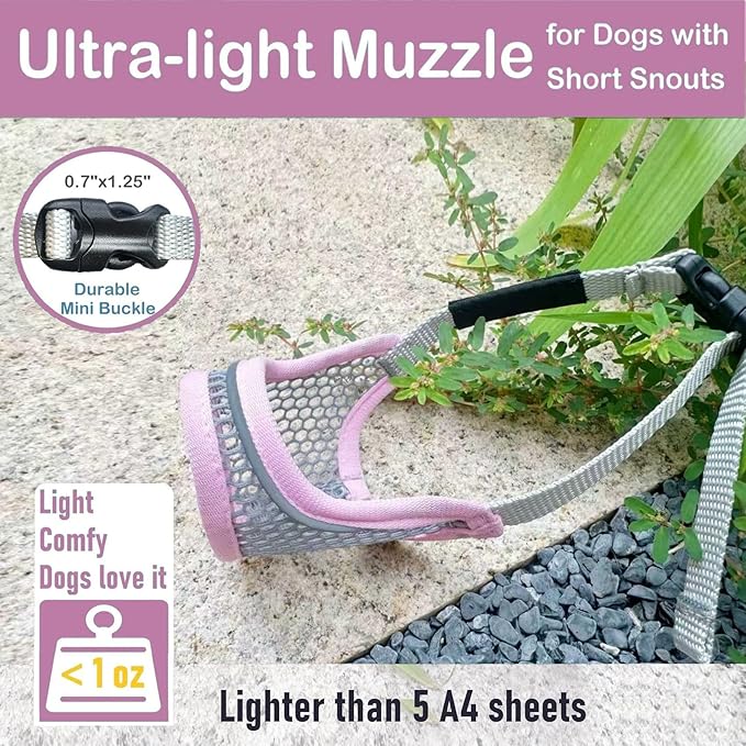 Dog Muzzle, Soft Mesh Muzzles for Small Dogs, Chihuahua Shih Tzu Yorkie Pom, Short Snout Mouth Guard for Barking Biting Grooming, Breathable Adjustable Puppy Muzzle (Crystal‌ Pink, XXS)