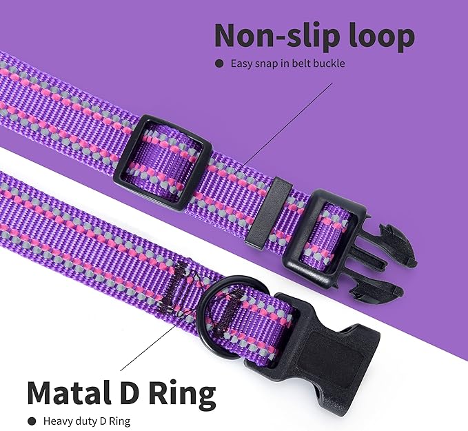Mile High Life Reflective Dog Collar, Basic Dog Collars Adjustable Quick Release, Soft Nylon Pet Collar with Metal D-Ring for Small Medium Large Dogs (Purple, L Neck15-19")