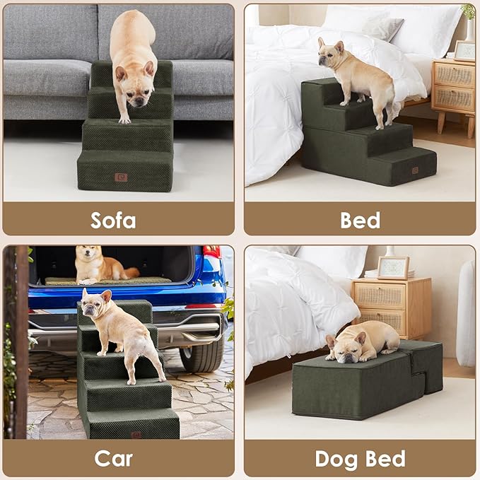 EHEYCIGA Dog Stairs for Bed 20" H, 4-Step Extra Wide Dog Steps for High Bed, Pet Steps for Small Dogs and Cats, Non-Slip Balanced Pet Ramp Indoor, Military Green