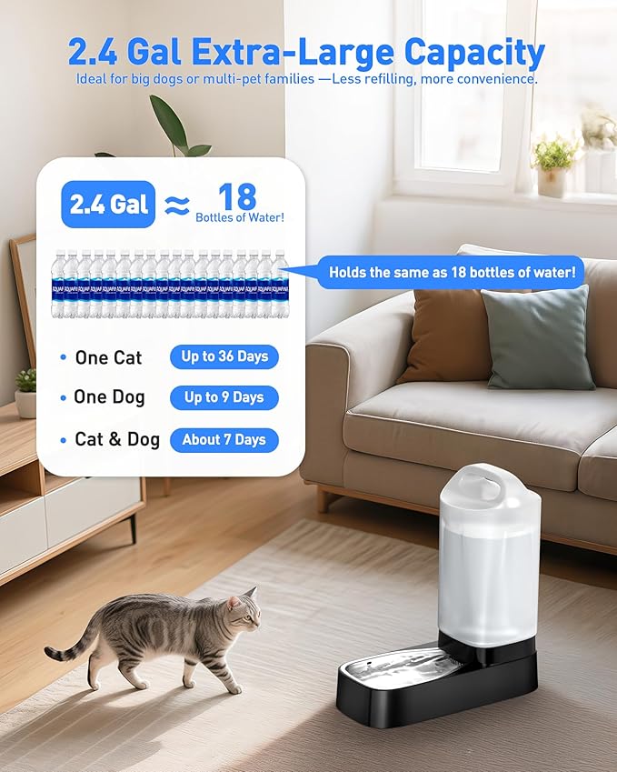 Automatic Dog Water Bowl Dispenser with Filter - 2.4 Gal Large Gravity Auto Pet Water Feeder Waterer with Stainless Steel Bowl & Easy Carry Handle for Dog Cat Multi Pet Use
