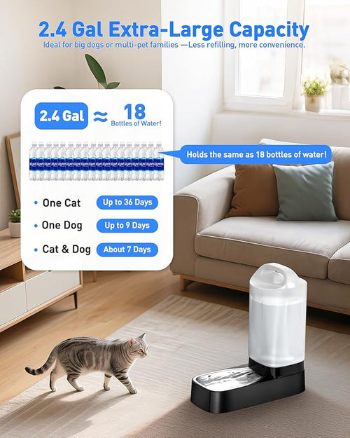 2 Pack Automatic Dog Water Bowl Dispenser with 5 Filters - 2.4 Gal Large Gravity Auto Pet Water Feeder Waterer with Stainless Steel Bowl & Easy Carry Handle for Large Dog Cat Multi Pet Use, No Leakage