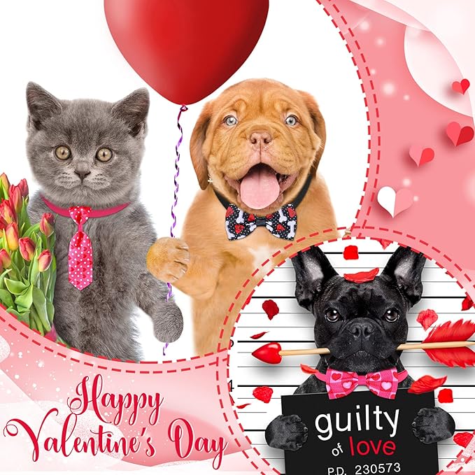 Eccliy 120 Pieces Valentines Day Dog Bow Tie Collar Set Valentines Dog Collar Bows Bulk Adjustable Pet Grooming Neckties for Large Medium Small Pet Cat Holiday Party Decoration Supply