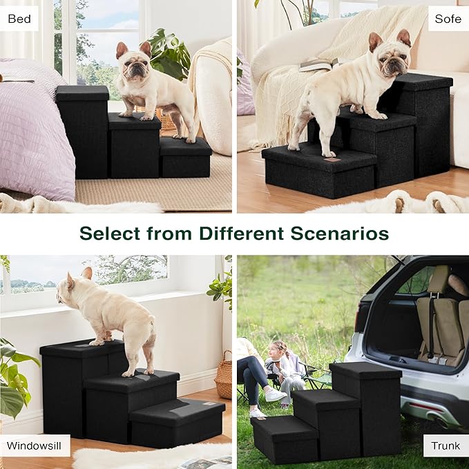 Love's cabin Dog Stairs with Storage,3 Steps Wider Dog Steps for High Bed 18" H,Foldable Pet Stairs for Small Medium Large Dogs Cats for Bed Couch Car,Ramp with Zip up to 200 lbs,Black,No Condo