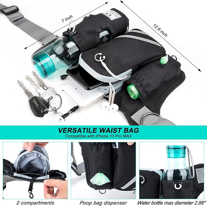 SHINE HAI Retractable Hands Free Dog Leash with Dual Bungees for Dogs, Adjustable Waist Belt Bag, Reflective Stitching Leash for Running Walking Hiking Jogging Biking (for 1 Dog)