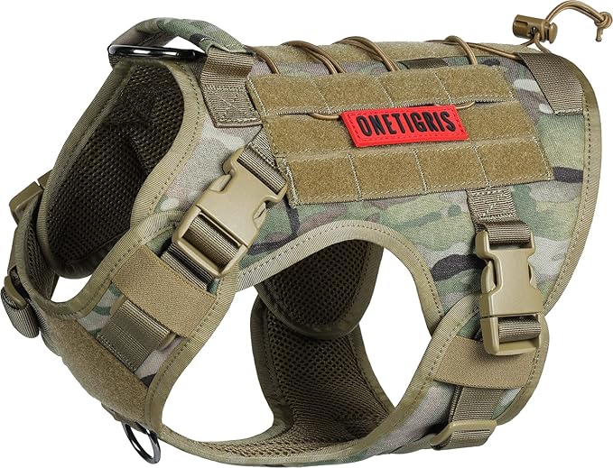 Tactical Dog Harness Vest with Handle, Military Dog Harness for Large Medium Dogs,No-Pull Service Dog Vest with Hook & Loop Panels,Adjustable Dog Vest Harness for Walking Hiking Training（Camo,M）