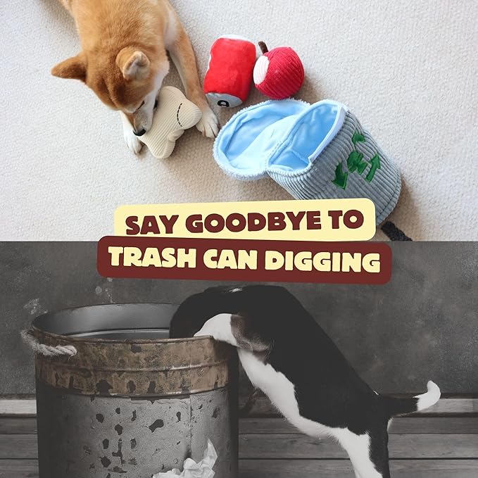 Dog Squeaky Toys, Plush Puzzle Dog Toy for Small Medium Large Dogs, Chew Fetch Brain Stimulating Toy, 3 Durable Small Dog Toys with a Big Trash Can
