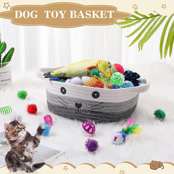 Zopeal 58 Pcs Cat Storage Basket Gift Toys Set, Colorful Flashing Balls Pet Bell Crinkle Balls Spring Toys Attract Cat to Swat, Hunt, Interactive for Pet(Multicolor,9.8 Inch)