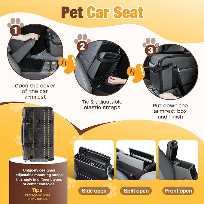 YUDODO 2-12lbs Center Console Dog Car Seat, Anti-Slip Pet Cat Booster Seat for Small Dogs, Portable Puppy Bed Carseat Carrier PU Leather Gray
