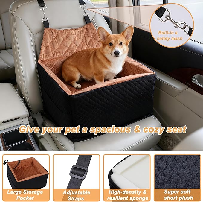 Memory Foam Dog Car Seat for Small/Medium Dogs,Travel Booster Seat for Dogs up to 35 lbs, Washable Removable Cover & Storage Pockets, Comfortable & Safe Car Seat for Pet Travel