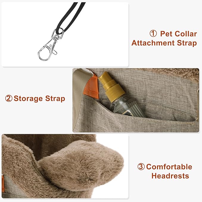 Console Dog Car Seat - Portable Booster for Small Pets, Detachable Washable Front Seat, for Cats and Dogs, Khaki